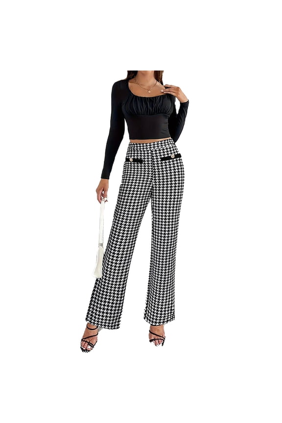 Women's Houndstooth Print Pants Button Decor Wide Leg Loose Fit Office Daily Trousers