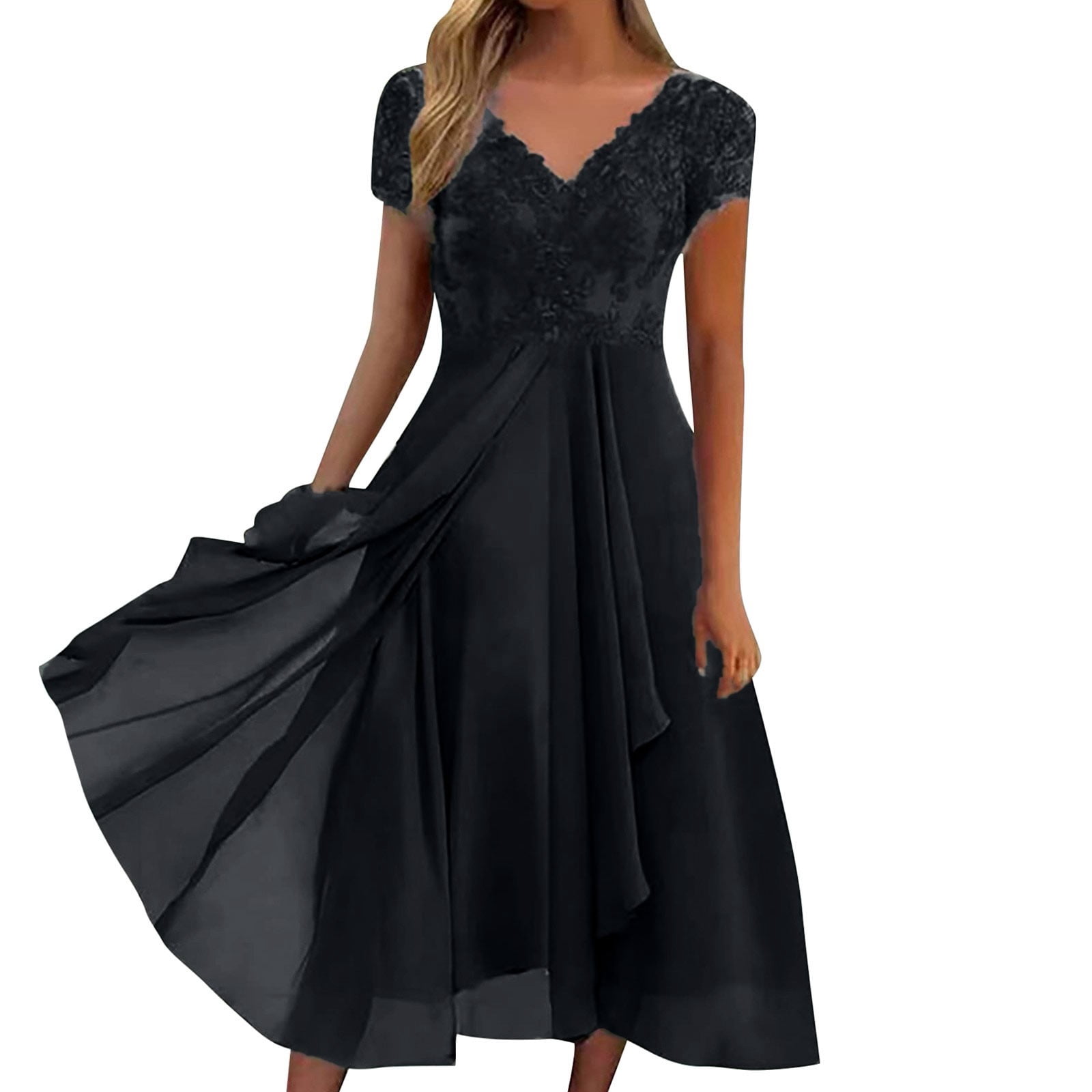 draped short sleeve midi dress Short Sleeve Midi Dress with Draped Neckline  TandyWear