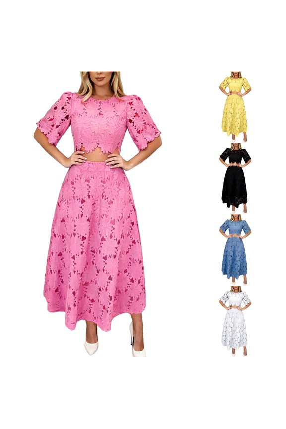 Women's Lace Two Piece Sets Short Sleeve Date Party Matching Suits