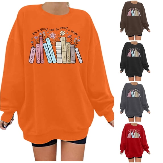 SONXAHE Women's Letter Print Crew Neck Sweatshirt Oversized Relaxed Sweatshirts Book Lover Fall Pullover Tops