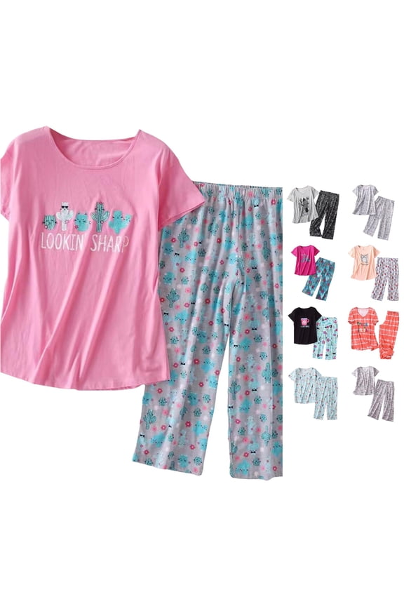 Women's Owl Print Pajama Set Short Sleeve Crew Neck Bedtime Sleep Capris