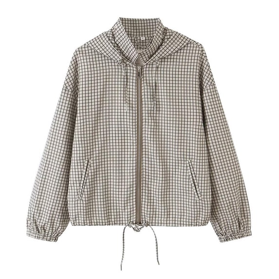 SONXAHE Women's Plaid Zip Hooded Jackets Drawstring Hem Casual Travel Outerwear Tops