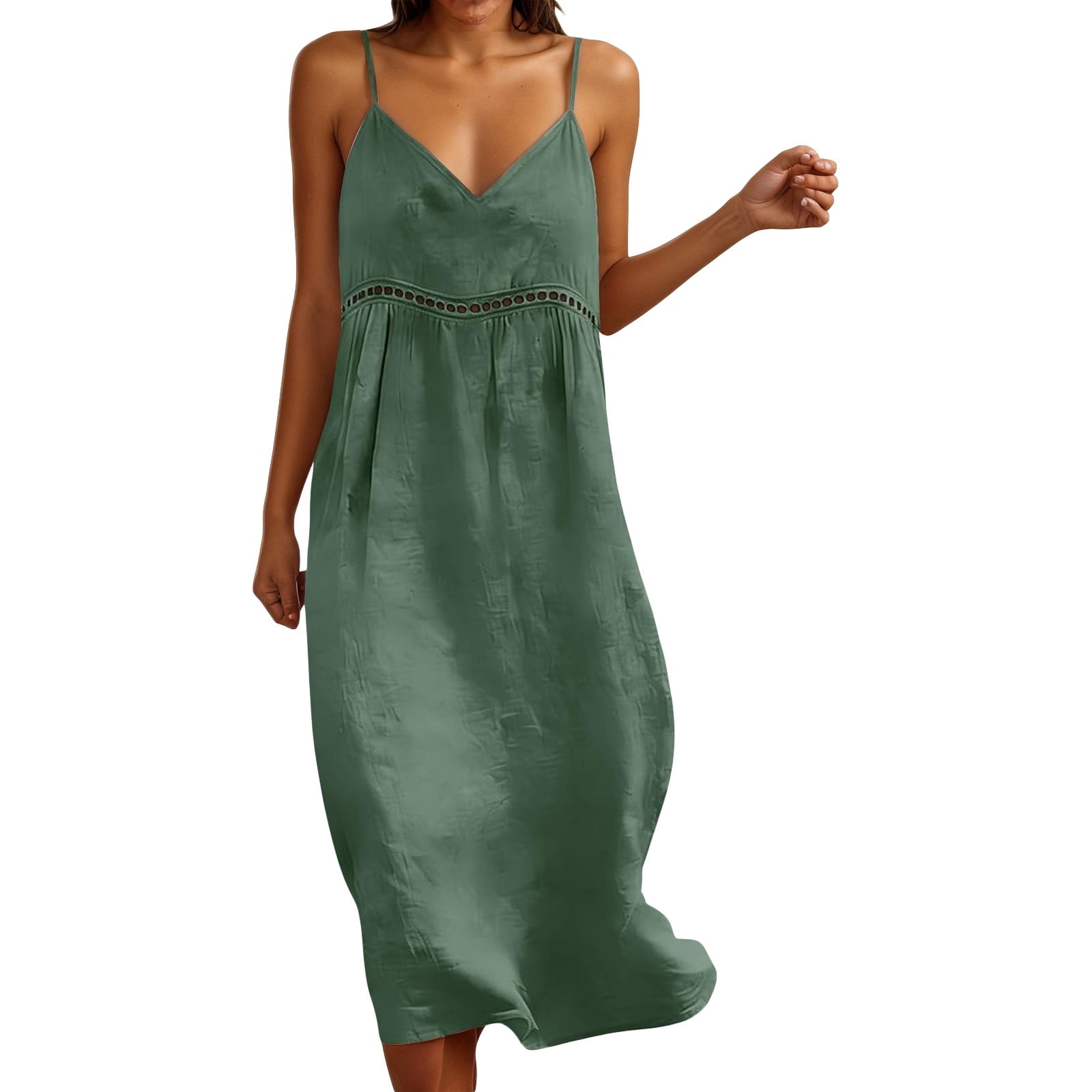 SONXAHE Women's Relaxed Drop Waist Dress Eyelet Trim Beach Casual Midi ...