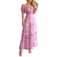 thumbnail image 1 of SONXAHE Women's Ruched Waist Maxi Dress Flutter Sleeve Sweetheart Neck Floral Print Wedding Casual Full-Length Dress, 1 of 6
