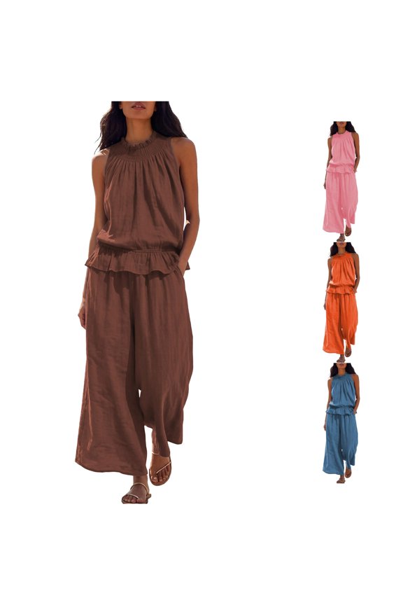 Women's Ruffle High Neck Two Piece Sets Sleeveless Wide Leg Summer Beach Matching Separates