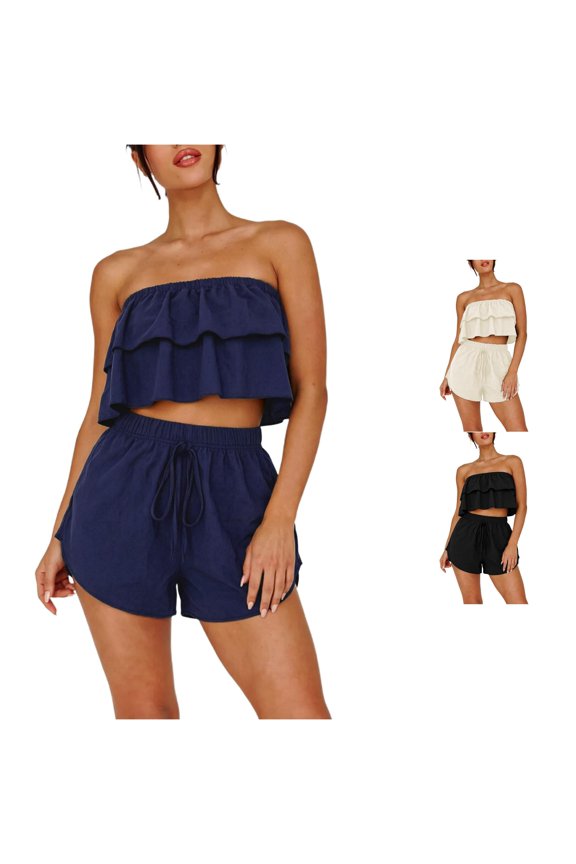 Women's Ruffle Tube Top Two Piece Sets Drawstring Waist Beach Matching Suits