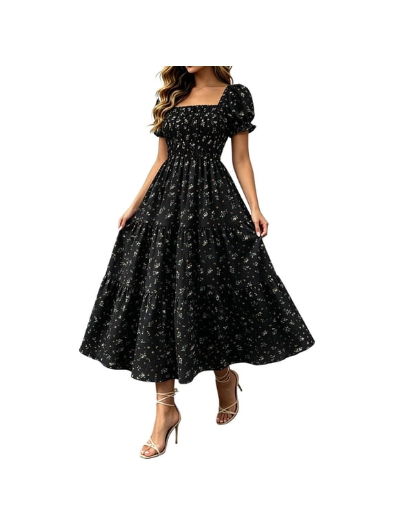 Women's Smocked Bodice Floral Midi Dress Puff-Sleeve Square-Neck Beach Casual Tiered Long Sundress