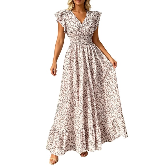 SONXAHE Women's Smocked Waist Flowy Maxi Dress Ruffle Sleeve Deep V Neck Summer Casual Long Dress