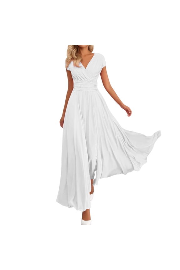 Women's V Neck Wrap Maxi Dress Cap Sleeve Waisted Flowy Formal Wedding Guest Gown