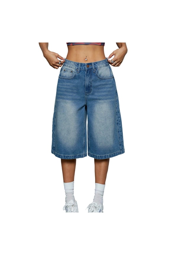 Women's Wide-Leg Denim Shorts High-Waist Daily Weekend Casual Capri Jeans