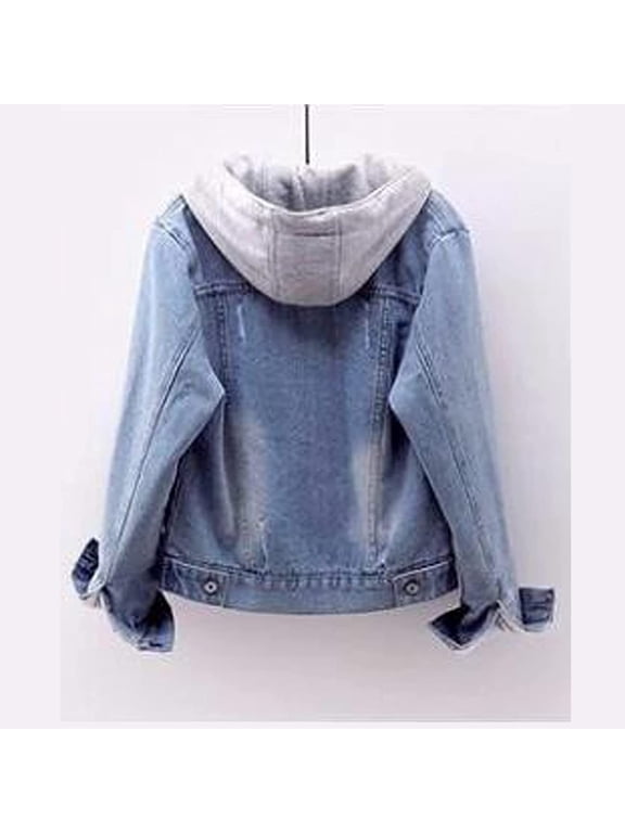 Womens Detachable Hood Denim Jacket Button Down Long Sleeve Casual Outerwear Coat