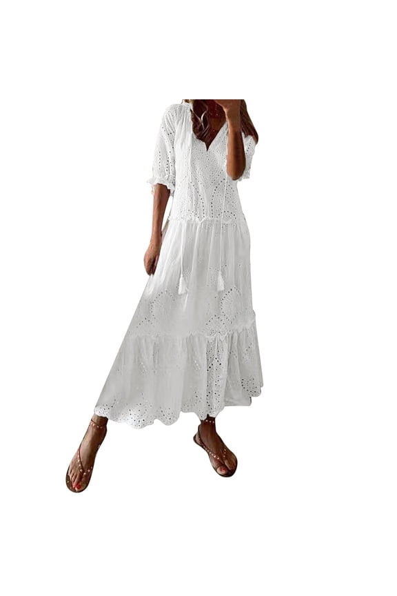 Womens Eyelet Embroidery Maxi Dress Split V Neck Tassel Drawstring Tiered Ruffle Hem Boho Long Dress