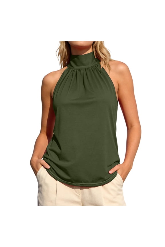 Womens Gathered Halter Sleeveless Top Casual Everyday Loose Fit Sleeveless Blouse