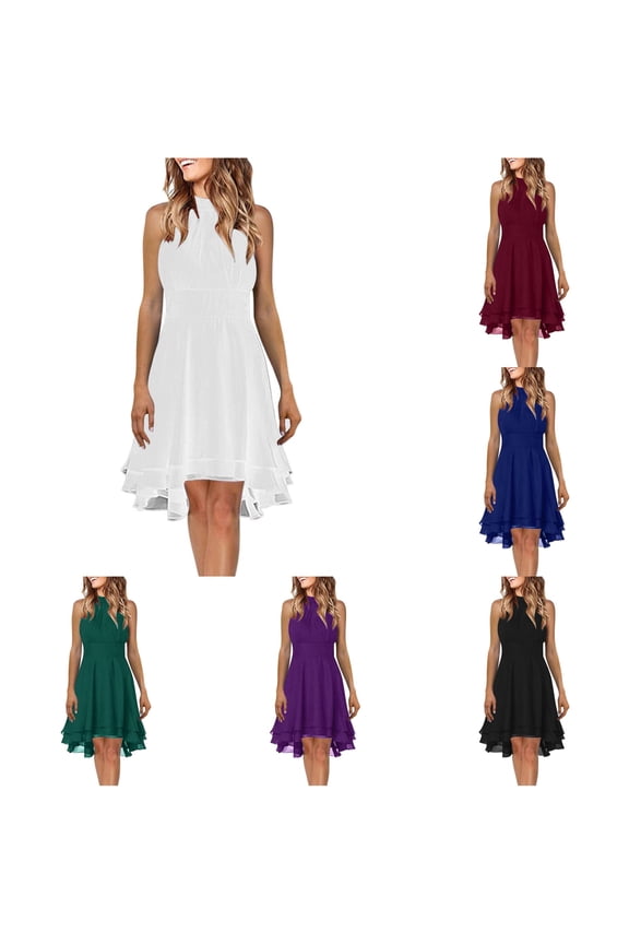 Womens Halter Neck Mini Dress Chiffon Layered Hem Fitted Waist Wedding Guest Sundress