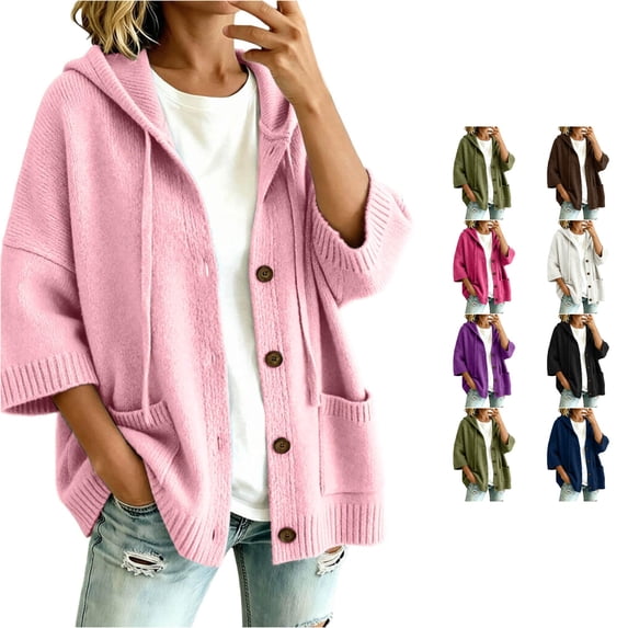 SONXAHE Womens Hooded Three Quarter Sleeve Button Knit Cardigan Open Front Casual Sweater Coat