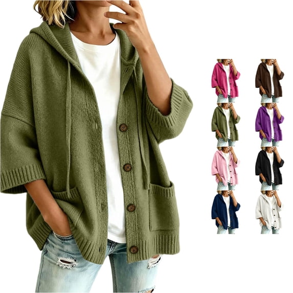 SONXAHE Womens Hooded Three Quarter Sleeve Button Knit Cardigan Open Front Casual Sweater Coat