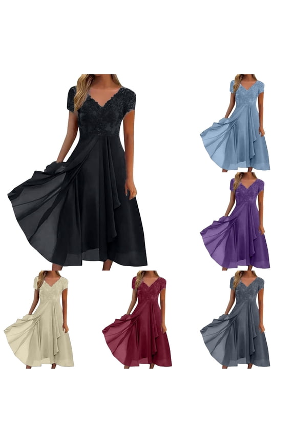 Womens Lace Overlay Midi Dress Surplice V Neck Short Sleeve Flowy Skirt Wedding Guest Long Dress