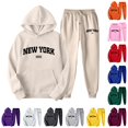 thumbnail image 1 of SONXAHE Womens New York Letter Print 2 Piece Outfit Drawstring Hoodie With Jogger Pant Tracksuit Set, 1 of 4