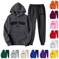 thumbnail image 1 of SONXAHE Womens New York Letter Print 2 Piece Outfit Drawstring Hoodie With Jogger Pant Tracksuit Set, 1 of 4