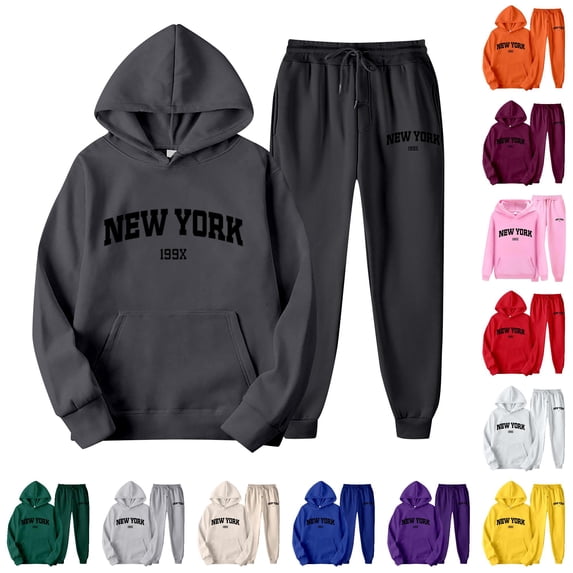 SONXAHE Womens New York Letter Print 2 Piece Outfit Drawstring Hoodie With Jogger Pant Tracksuit Set