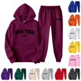 thumbnail image 1 of SONXAHE Womens New York Letter Print 2 Piece Outfit Drawstring Hoodie With Jogger Pant Tracksuit Set, 1 of 4