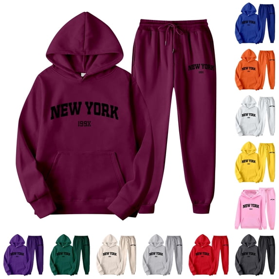 SONXAHE Womens New York Letter Print 2 Piece Outfit Drawstring Hoodie With Jogger Pant Tracksuit Set