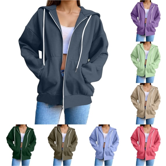 SONXAHE Womens Oversized Solid Zip Up Hoodie Loose Hoodies Spring Daily Hooded Jackets