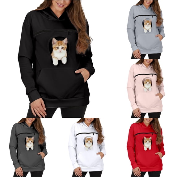 SONXAHE Womens Pet Pocket Designed Long Sleeve Hoodie Loose Silhouette Casual Hooded Sweater