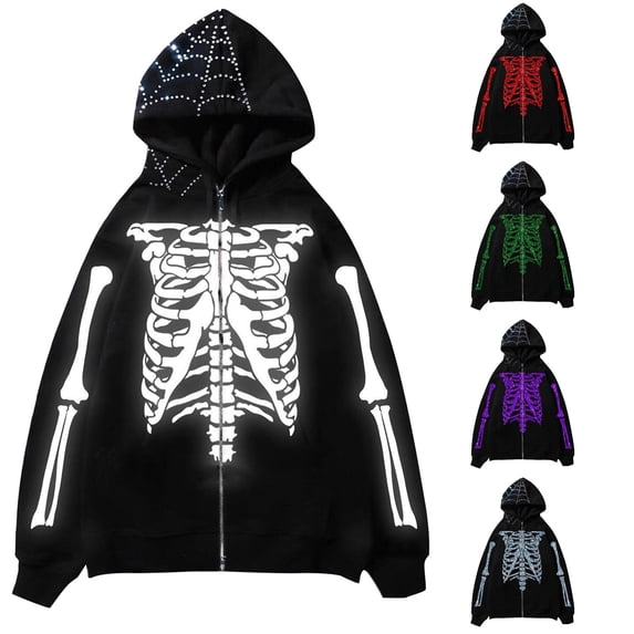 SONXAHE Womens Rhinestone Skeleton Zip Up Hoodie Oversized Hoodies Halloween Street Pullover Jacket