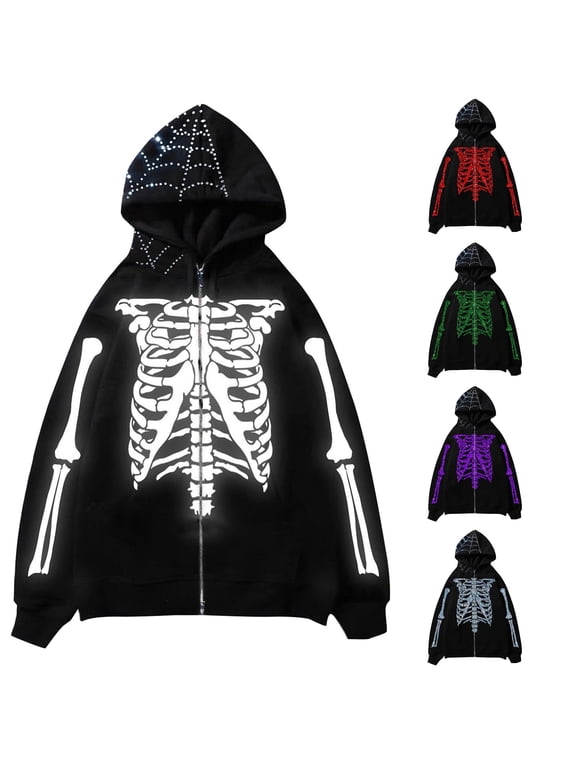 Womens Rhinestone Skeleton Zip Up Hoodie Oversized Hoodies Halloween Street Pullover Jacket
