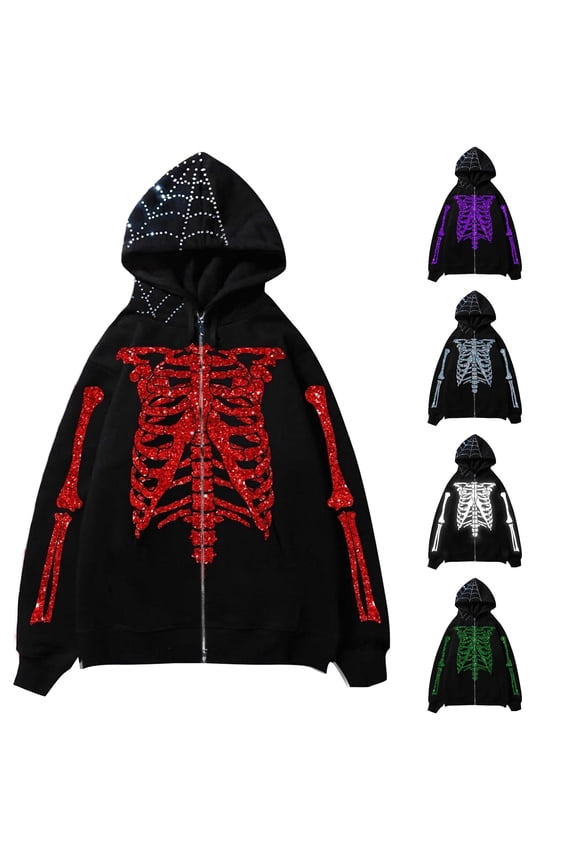 Womens Rhinestone Skeleton Zip Up Hoodie Oversized Hoodies Halloween Street Pullover Jacket