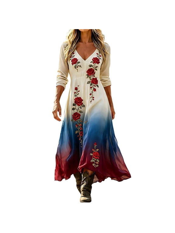 Womens Rose Embroidery Gradient Maxi Dress Split V Neck Three Quarter Sleeve Loose Boho Travel Long Dress