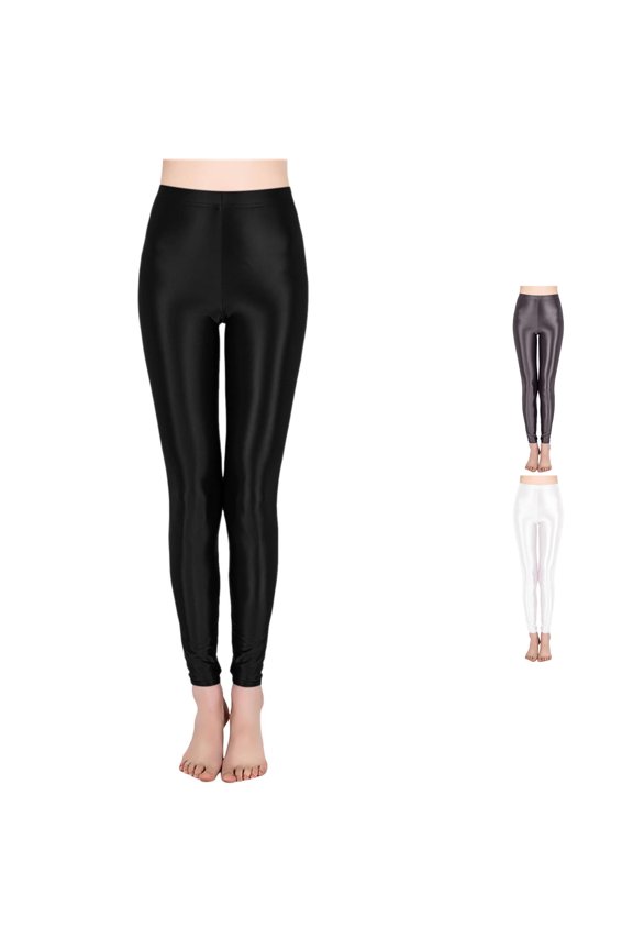 Womens Shiny Stretch Leggings High Rise Full Length Smooth Fitting Active Trousers Black Size M