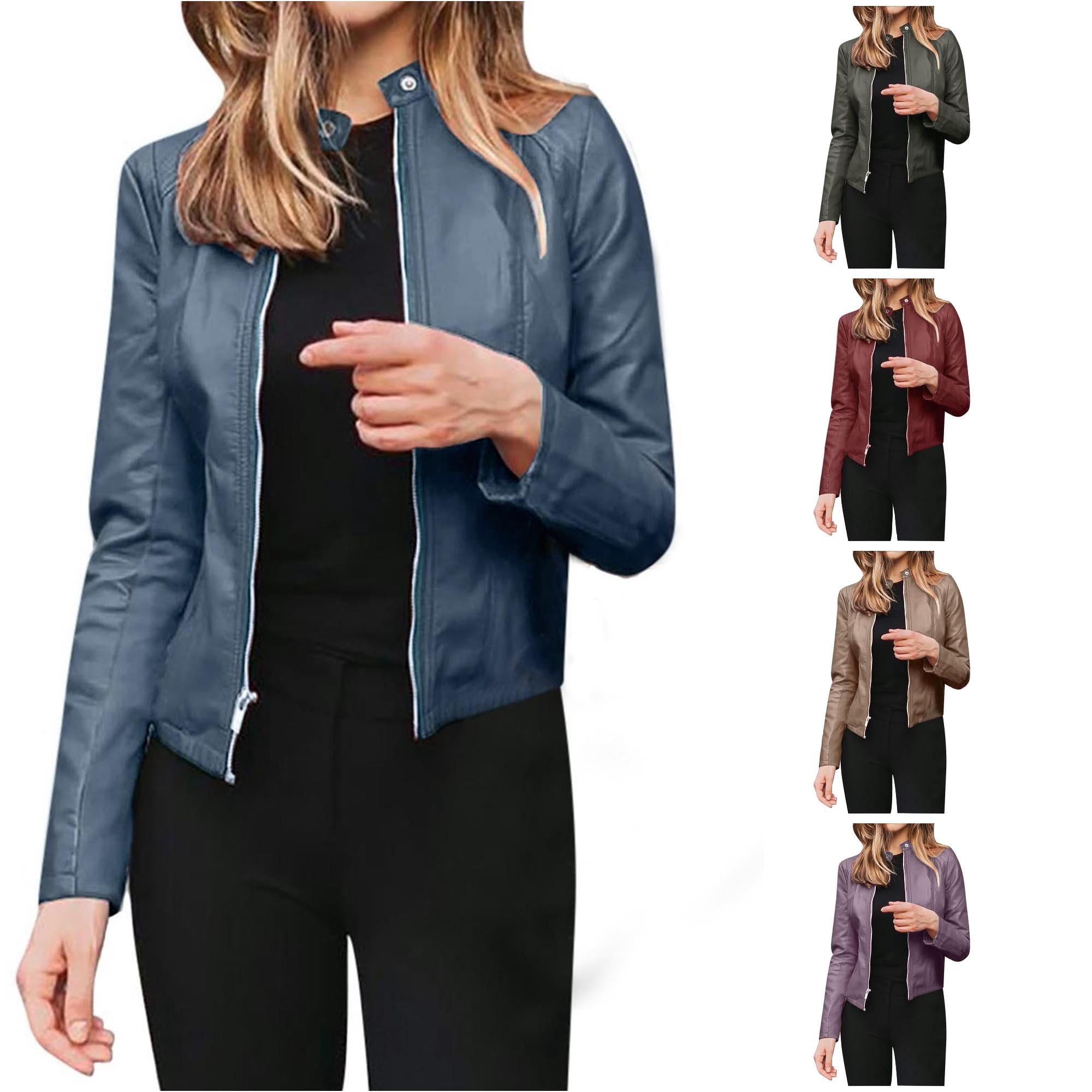 SONXAHE Womens Slim Fit Faux Leather Stand Collar Zip Up Casual Long ...