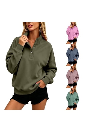 Womens Snap Button Collared Pullover Sweatshirt Oversized Long Sleeve Casual Tunic Top