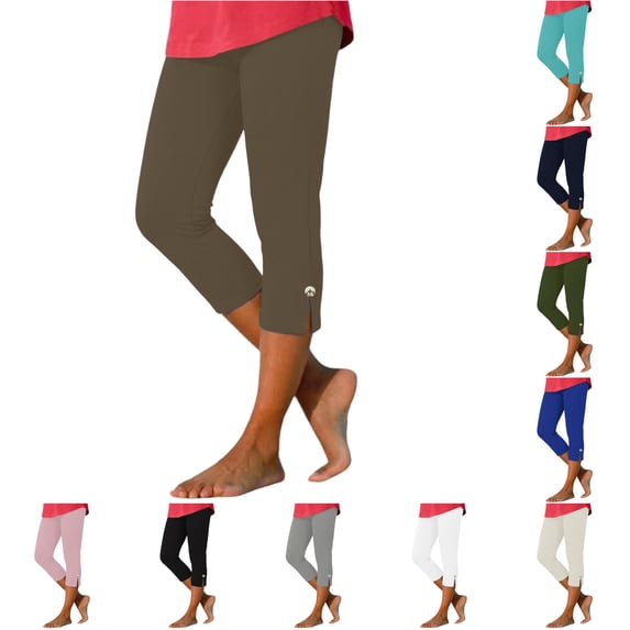 SONXAHE Womens Solid Capri Leggings Button Slit Hem Daily Workout Bottoms
