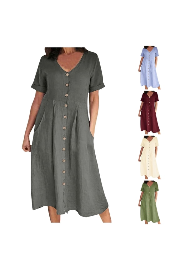 Womens Solid Color Midi Dress Surplice V Neck Three Quarter Sleeve Tiered Hem Side Pockets Travel Long Dress