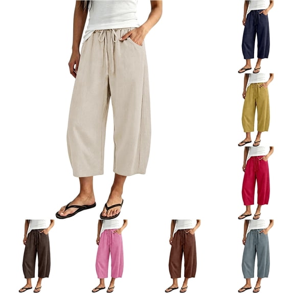 SONXAHE Womens Solid Cropped Pants Drawstring Waist Casual Travel Bottoms