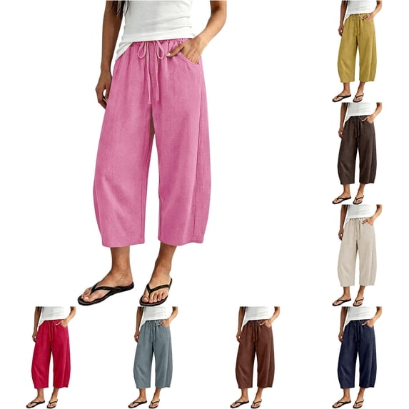 SONXAHE Womens Solid Cropped Pants Drawstring Waist Casual Travel Bottoms