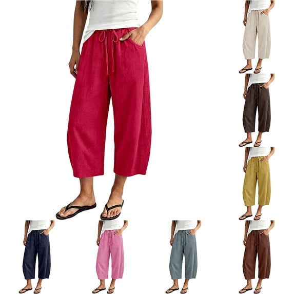 SONXAHE Womens Solid Cropped Pants Drawstring Waist Casual Travel Bottoms