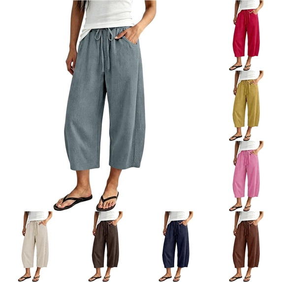 SONXAHE Womens Solid Cropped Pants Drawstring Waist Casual Travel Bottoms