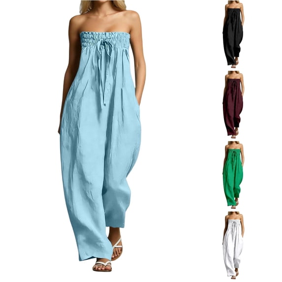 SONXAHE Womens Strapless Jumpsuit Smocked Tube Top Wide Leg Pocket Daily Bottoms