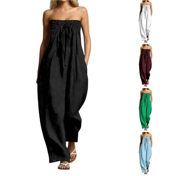 SONXAHE Womens Strapless Jumpsuit Smocked Tube Top Wide Leg Pocket Daily Bottoms