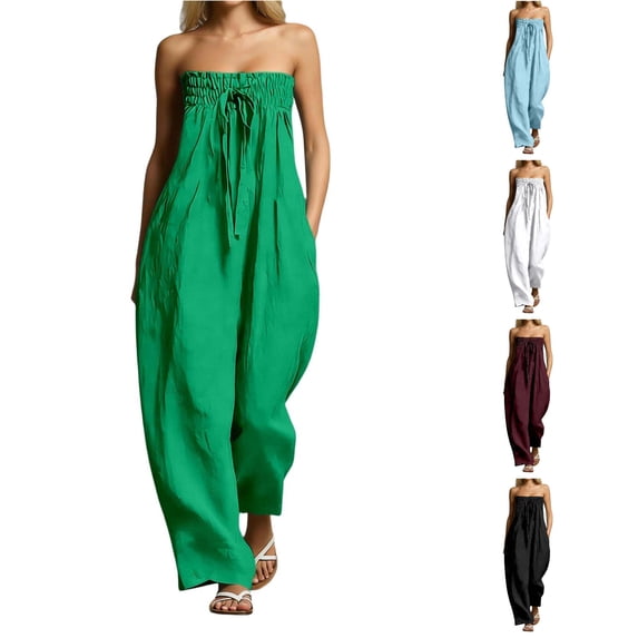 SONXAHE Womens Strapless Jumpsuit Smocked Tube Top Wide Leg Pocket Daily Bottoms