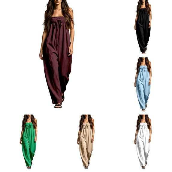 SONXAHE Womens Tube Top Jumpsuit Smocked Bust Loose Wide Leg Vacation Casual Wear