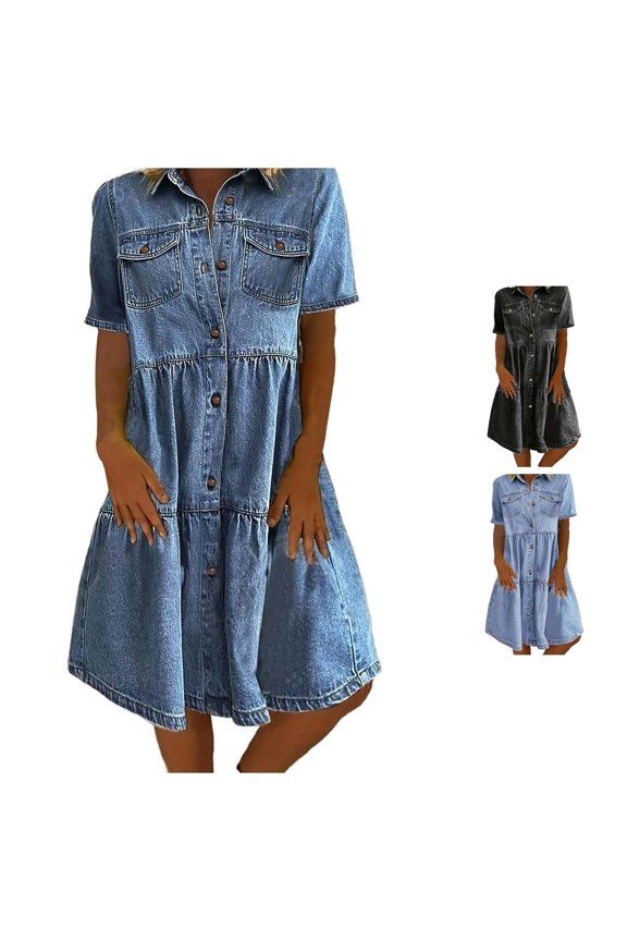 Womens Turn-Down Collar Mini Dress Denim Tiered Hem Button Front City Walk Sundress