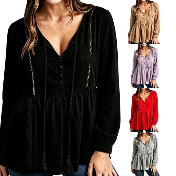 SONXAHE Womens V Neck Peplum Sweatshirt Long Sleeve Waist Flare Casual Tops