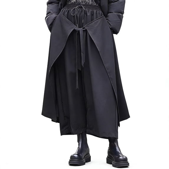 SONXAHE Wrap Skirt Layer Wide Leg Pants for Men Tie Waist City Street Long Trousers