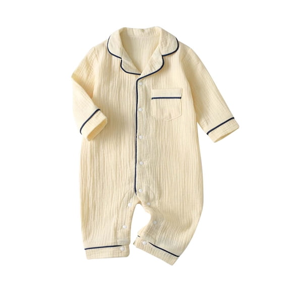 SONXAHE Boy Long Sleeve Button-Down Solid Color Romper Loungewear Sleepwear