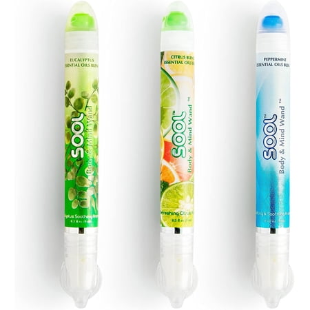 SOOL Aromatherapy Massage Wands with Essential Oil, Herbal, Portable, Natural Healing to Relieve Aches, Pains, Muscles, with Inhaler Tip for Cold/Flu Symptoms, Focus